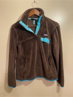 Patagonia Women’s Brown Fleece Pullover with Blue Trim, Size Small